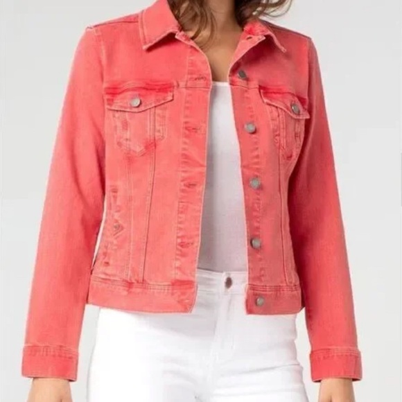 Liverpool Los Angeles Classic Jean Jacket Coral Fins Pink Orange Stretch Denim - Picture 7 of 8